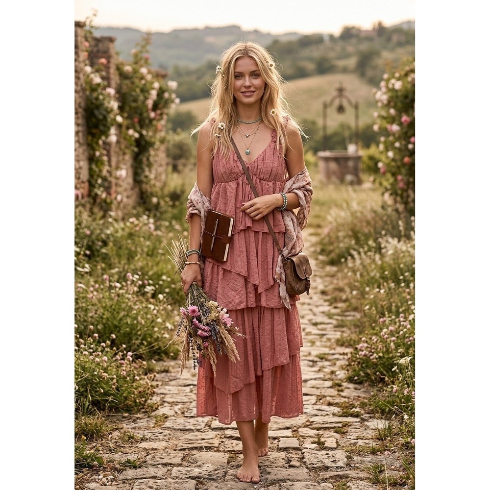 Seni & Cade Women Blush Rose Pink Tiered Lace Midi Dress NWT Size S 2043-FY3A - Picture 10 of 11